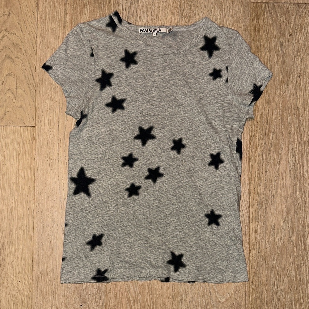 Pam & Gela - Woman’s Gray Tee with Dark Blue Star Design